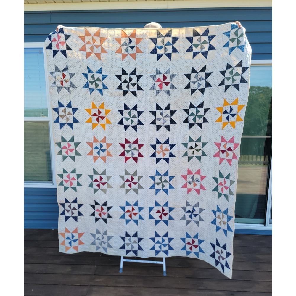 Antique Early 1900's Handmade Star Quilt 82x69 Indigo Blue 8-Point Farmhouse